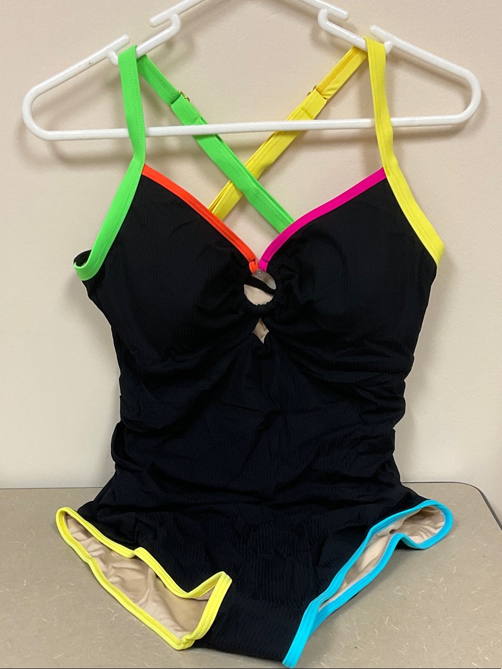 Neon-Trim Black One-Piece Swimsuit with Multi-Colored Straps. NWT. XL